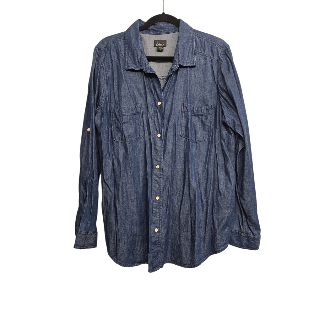 Simply Emma 2X Blue Chambray Denim Button Down Coastal Grandma‎ Casual Capsule